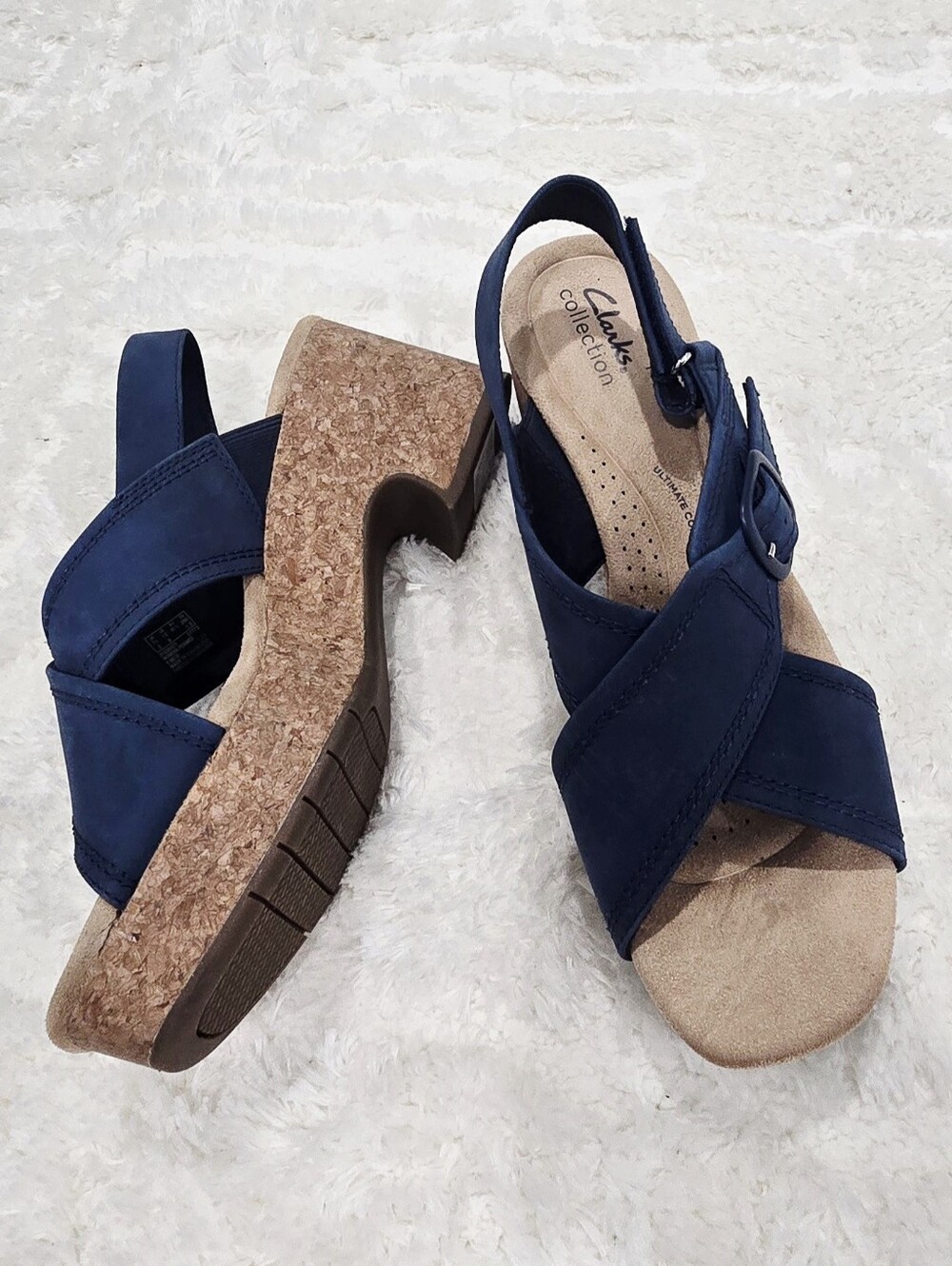 Clarks Collection Nerisa West Buckle Wedge Sandals Women’s US 10 Navy New Retail - Picture 3 of 7